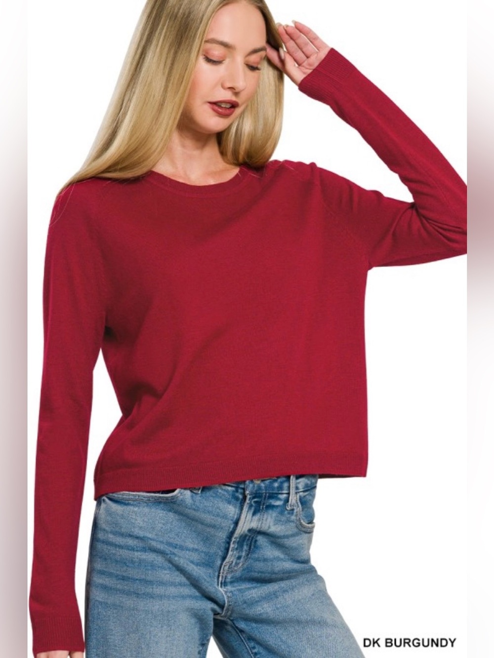 Zenana Lightweight Wool Blend Round Neck Sweater| Dark Burgundy